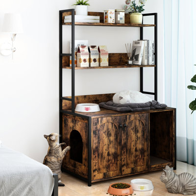 Grand bac à litière pour chat avec tablette et bloc-notes, refuge intérieur stable, salle de bain cachée, 2 portes, tablette de rangement brune, niche