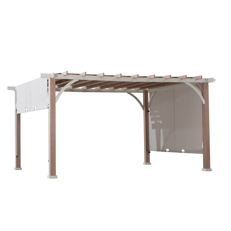 Sunjoy Delrey Pergola de 12 pi x 14 pi avec cadre en acier blanc et auvent réglable pour abri de jardin et de cour arrière, gris clair