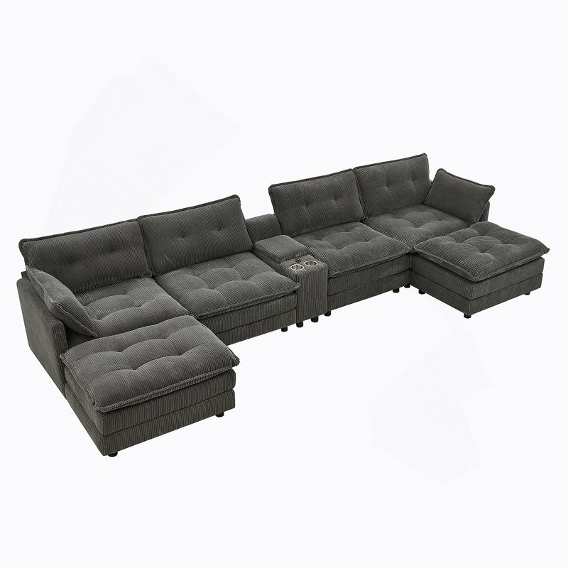 Canapé modulaire en U de 154 pouces avec repose-pieds en forme de U avec repose-pieds, conception modulaire pour le salon, ensemble de canapés à siège profond en velours côtelé 6 places avec console centrale et port USB, gris