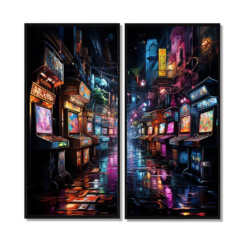 Impression sur toile Neon Arcade, 40" H x 40" W, Impression encadrée flottante, Black