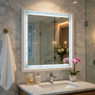 Miroir de commode Cyna, panneaux DEL en faux marbre, blanc ultrabrillant 39 x 44