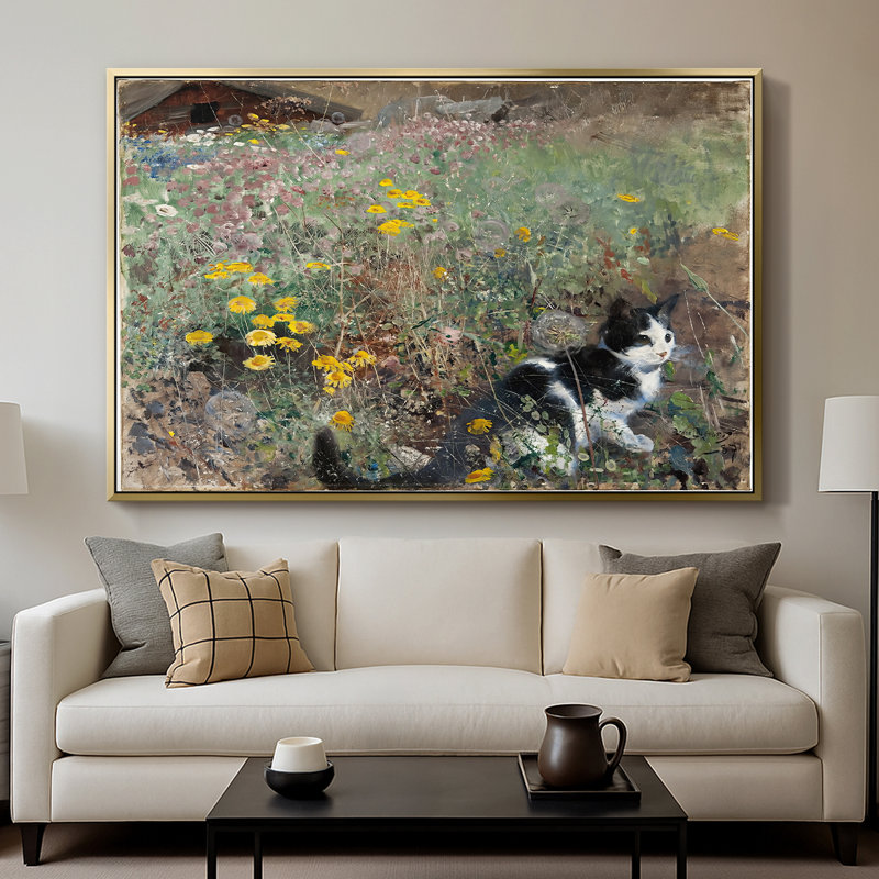 Chat sur une prairie fleurie, 1887 - Bruno Liljefors - Toile tendue avec châssis, 26 x 40, Doré