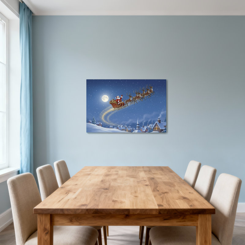 Noël père Noël survolant la ville enneigée, H 20 po x l 30 po