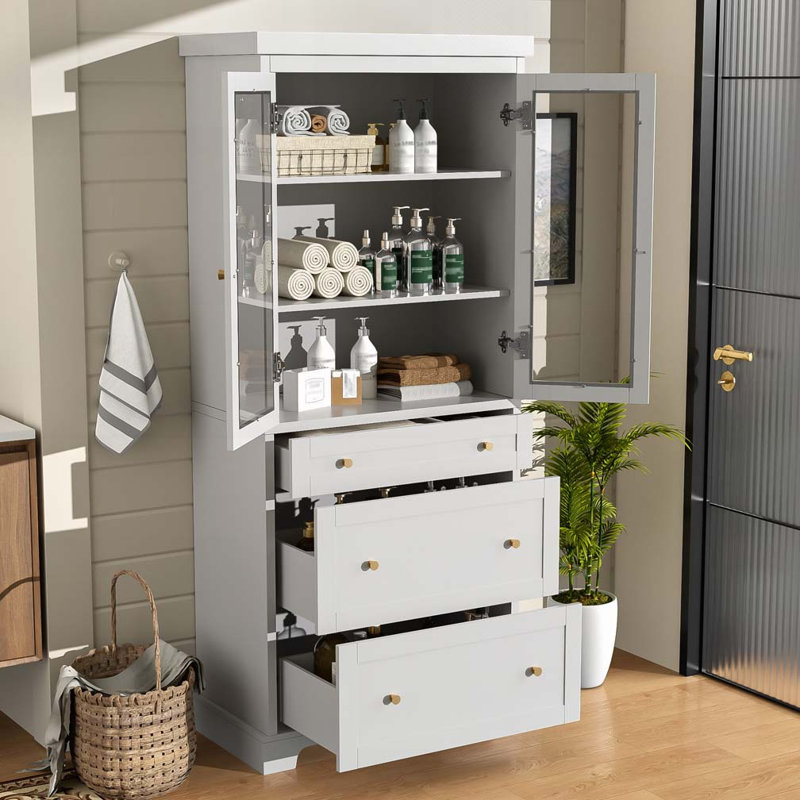 70.1" Modern High Freestanding Tall Bathroom Cabinet with 2 Adjustable Shelves, 3 Drawers, Soft Close Glass Doors – Ideal for Bathroom, Living Room, Kitchen Storage