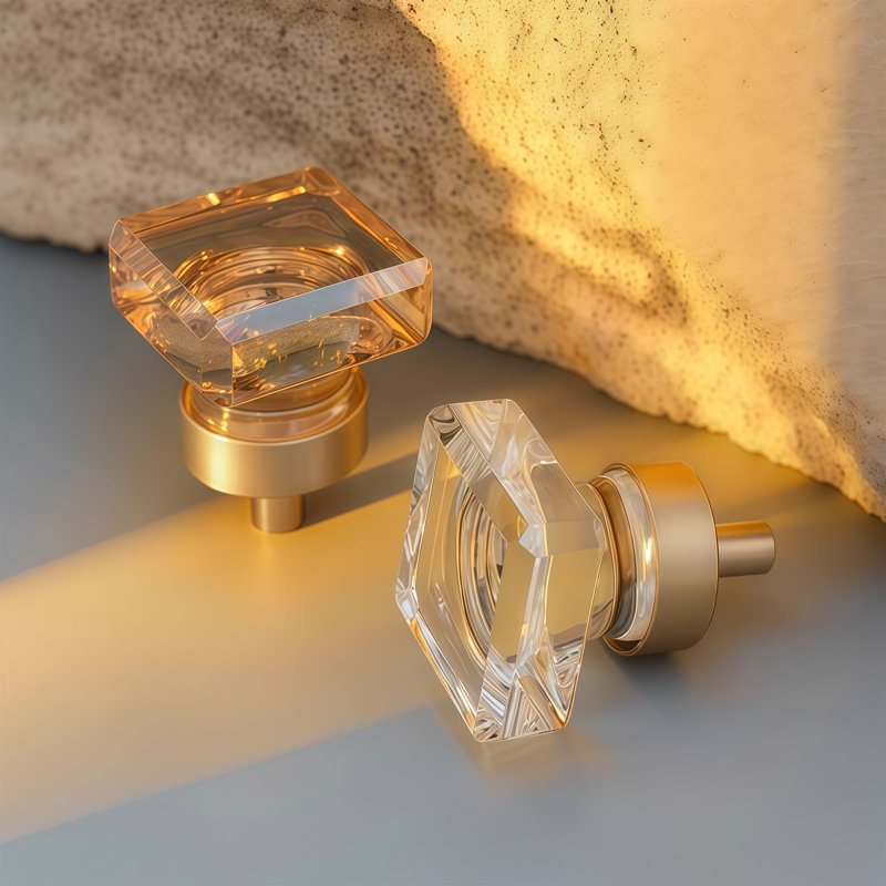 Boutons d'armoire carrés modernes en verre cristal, champagne transparent avec base en alliage de laiton poli, pour armoires, tiroirs (ensemble de 2)