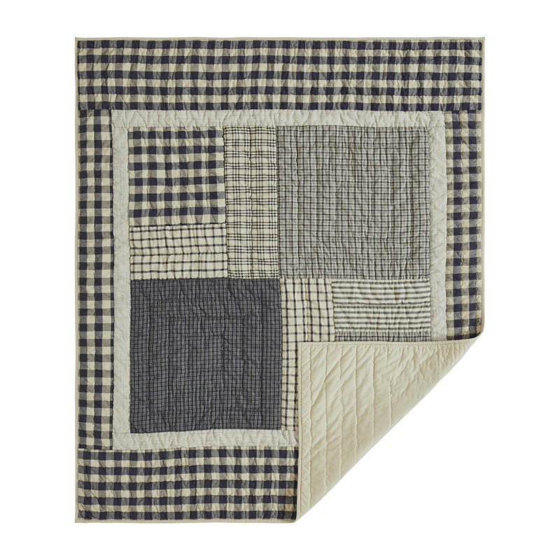 Navy and Beige Cotton Patchwork Quilted Throw Blanket 50x60