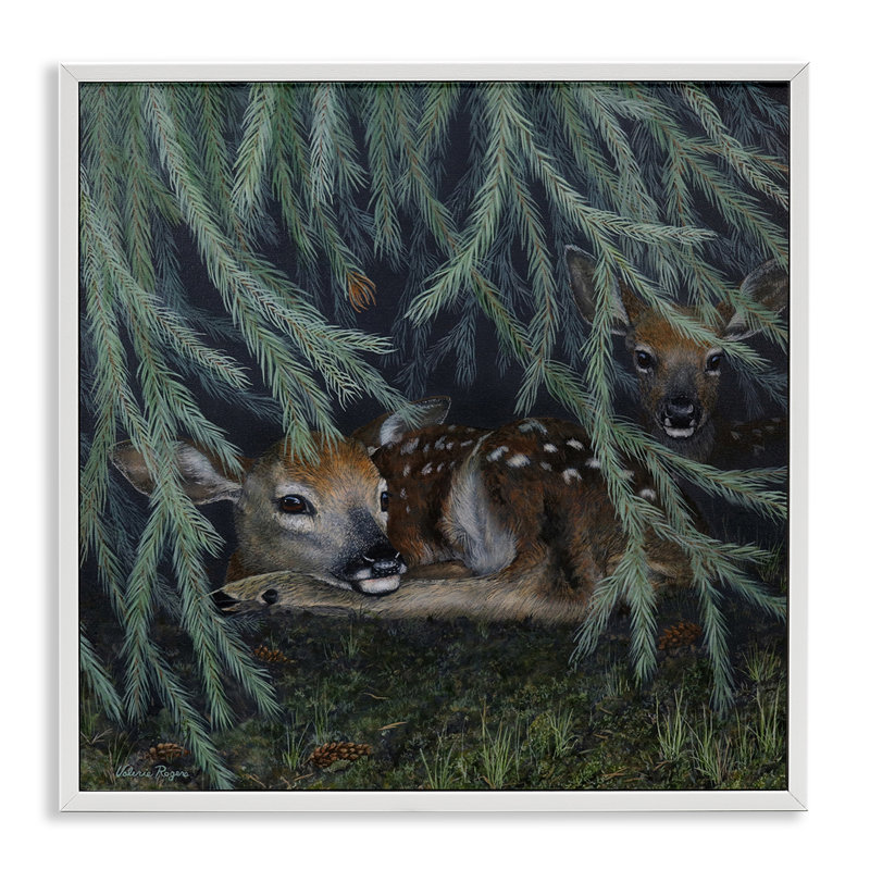  «Deer Under Forest Tree», art giclée par Valerie Rogers, H 17 po x l 17 po, Estampe numérique encadrée blanc bord de mer