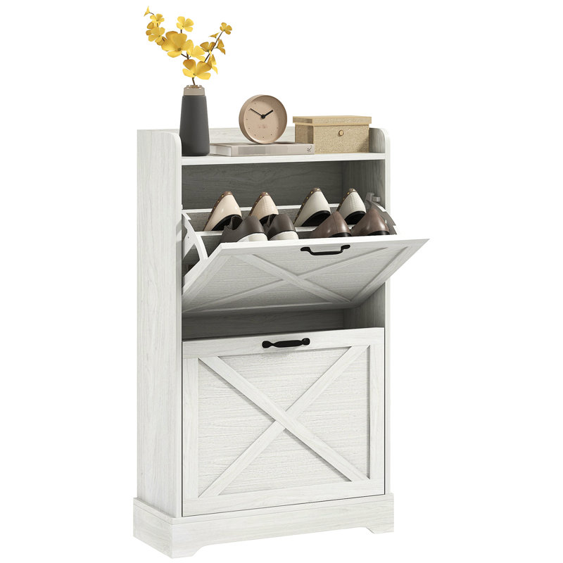 Armoire de rangement pour chaussures d'entrée, style avec 2 tiroirs rabattables et tablettes réglables, pouvant contenir 8 paires, armoire mince au fini blanc vieilli