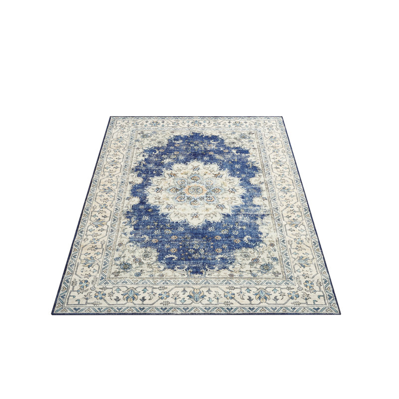 Boho Farmhouse Washable Area Rug - Large Neutral Floral Vintage Non-Slip Carpet for Living Room, Bedroom, Nursery, Playroom & Office, 8'x10', Blue