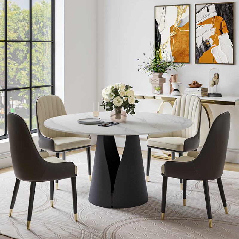  Modern 5/7PiecesDining Room Sets, Pre-Assembly Round Dining Table Sets, Sintered Stone Tabletop Kitchen Dining Table Set With PU Upholstered Chairs