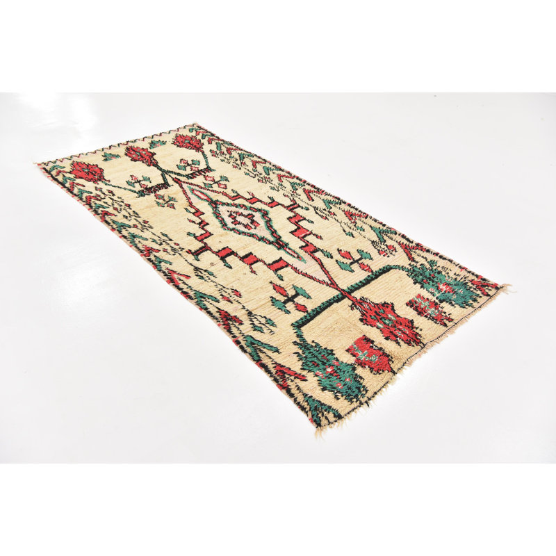 Tapis de zone en laine beige/vert/rouge 3 pi 10 po x 8 pi 2 po one-of-kind à la main noué la Saxmundham