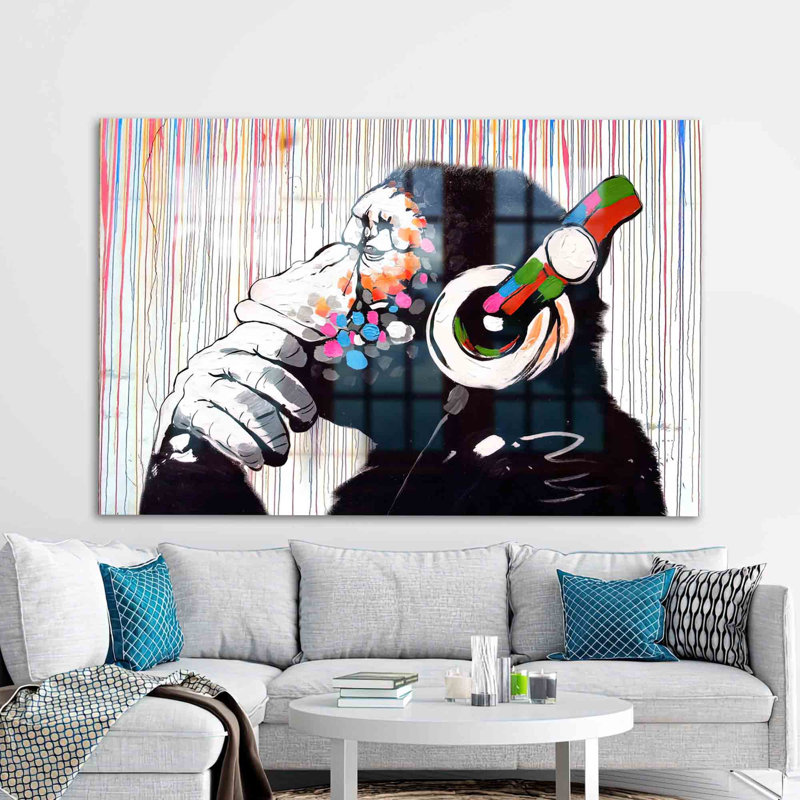 Abstrait singe méditant en verre trempé, art mural pour décoration intérieure moderne | Rectangle, H 47,2 po x l 70,9 po