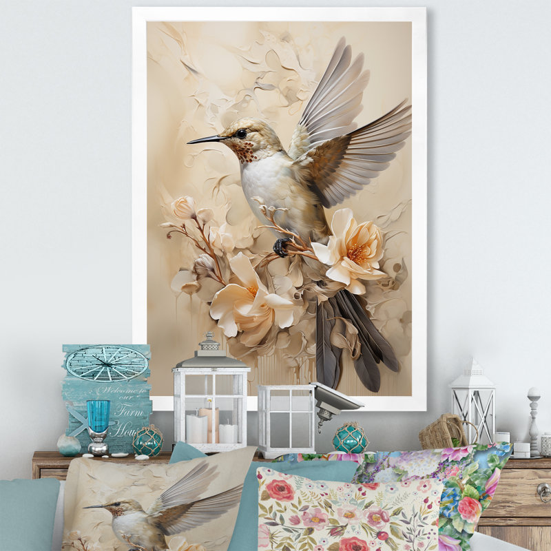 Colibri floral flottant I - Art mural colibri pour le salon, H 32 po x l 24 po x P 1 po, Cadre simple blanc