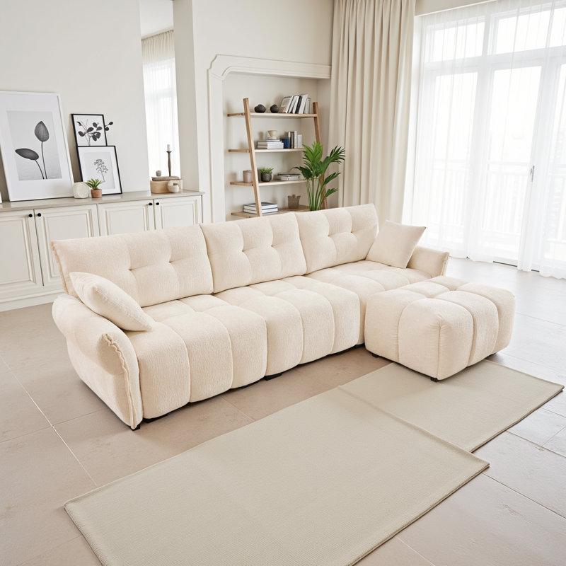 Ensemble de canapé 3 places avec repose-pieds Luxe - Chenille moelleuse et structure en bois massif, Blanc