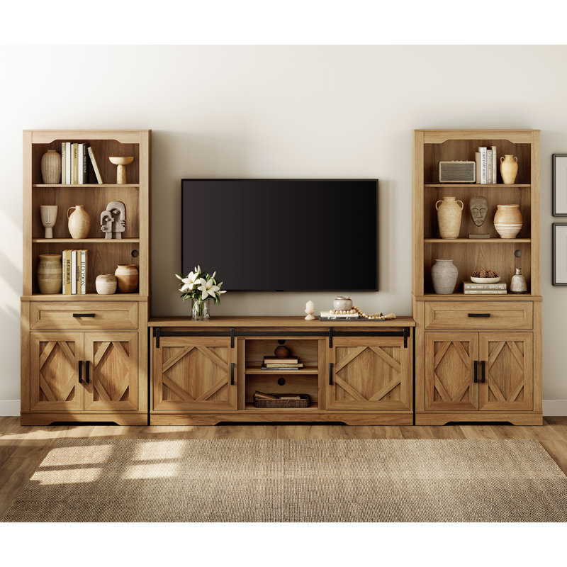 Laziza Farmhouse Entertainment Center With Bookshelf For Tvs Up To 75",Mid Century Modern TV Stand With 73"H Tall 5-Tier Bookcase With Open Storage And Barn Doors For Living Room,Bedroom,