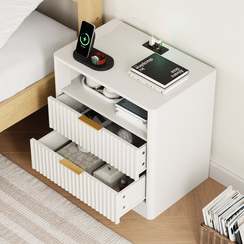 Table de chevet cannelée avec station de charge, lumière DEL à commande vocale, table de chevet avec tablette et armoire