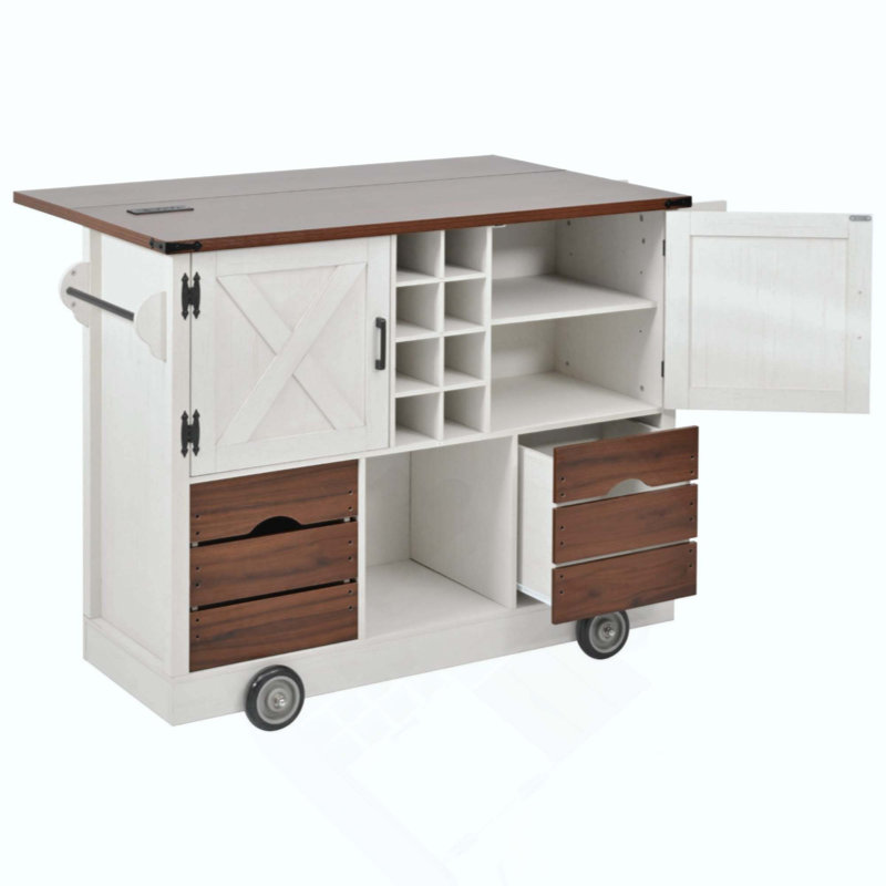 Farmhouse Kitchen Island With Drop Leaf, Power Outlet, Kitchen Storage Cart With 2 Doors, 2 Drawers, Rolling Kitchen Island On 4 Wheels With Spice Rack For Kitchen, Dining Room