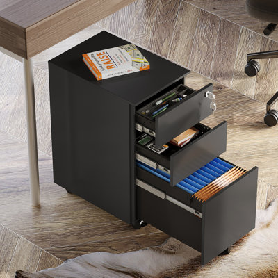 Nihat 11.8" Wide 3 - Drawer Mobile File Cabinet For Home Office, Wood Under Desk Filing Cabinet, Rolling Printer Stand