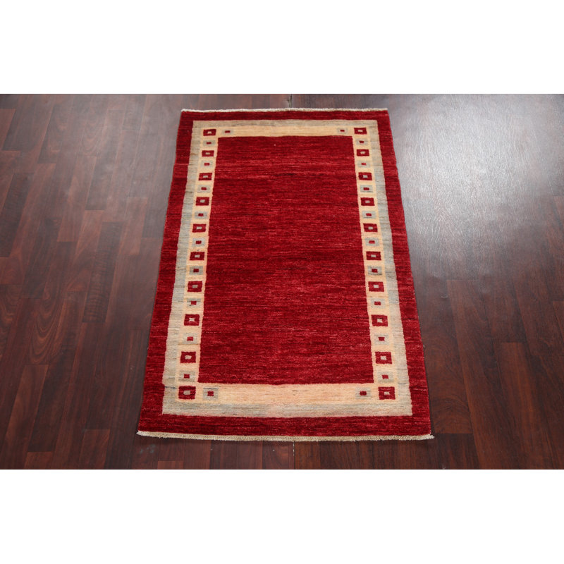 Tapis rouge en laine noué à la main de conception unique 3 pi 2 po x 5 pi 1 po Jaffe