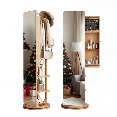 Arbre d'entrée pleine grandeur avec miroir 360 ° rotatif avec armoire à bijoux intégrée, portemanteau multifonctionnel à finition noyer avec rangement caché, organisateur de vestibule autoportant pour petits espaces