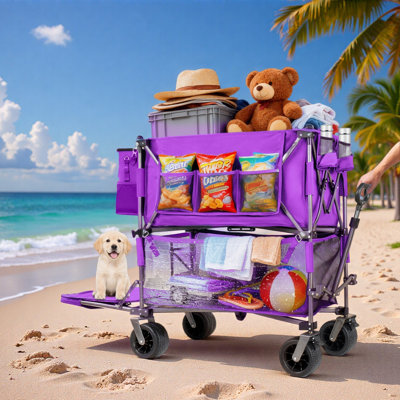 55" Heavy Duty Double-Layer Wagon With Brakes,560LBS Double Decker Wagon, 650L Collapsible Wagons Carts With 7''X4''all-Terrain Wheels For Sports,Camping,Fishing,Transport