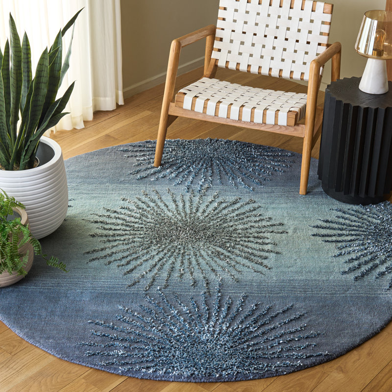 Tapis gris / bleu en laine touffeté à la main Amier, Rond 6 pi