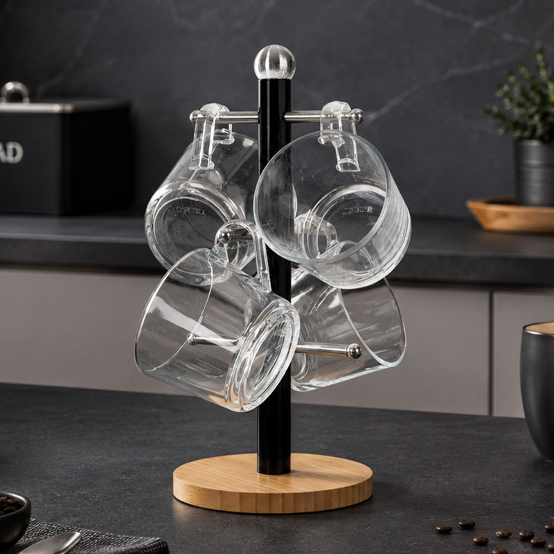 ROYALFORD Mug Holder with 6 Hooks, Metal Coffee Cup Holder with Bamboo Base Mug Tree, Coffee Mug Holder Stand, Storage Organizer Display Stand, Counter Cup Holder, Kitchen Storage Rack