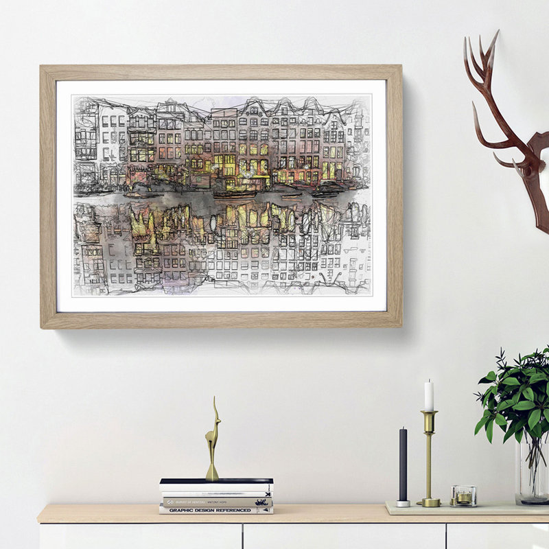 Amsterdam at Night in Abstract - Picture Frame Graphic Art Print, Oak Framed, 62cm H x 87cm W x 2cm D