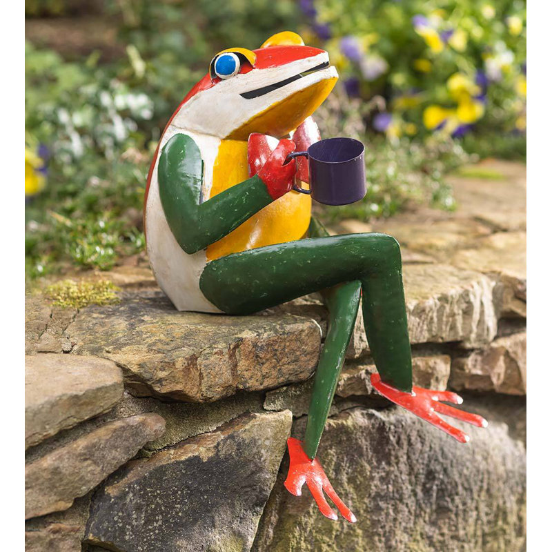 Frog with Coffee Cup Garden Statue