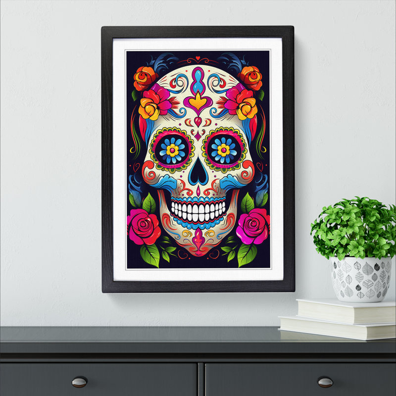 XYZ-FRM-V1223-1592 Sugar Skull Line No.3 - Single Picture Frame Print on Wood, 46cm H x 34cm W x 2cm D, Black 
