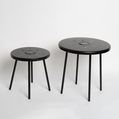 2-pack Solar Powered Side Table With Led Light, Outdoor/indoor Nesting Round End Table Set