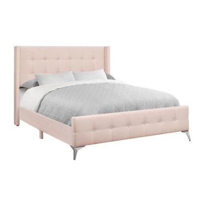 Queen Size Upholstered Platform Bed with Velvet Finish and Chrome Metal Accents in Pink
