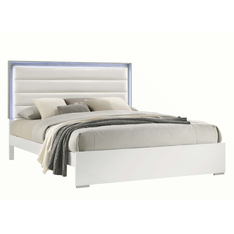 Lit de style contemporain avec tête de lit à DEL et bois blanc, Double