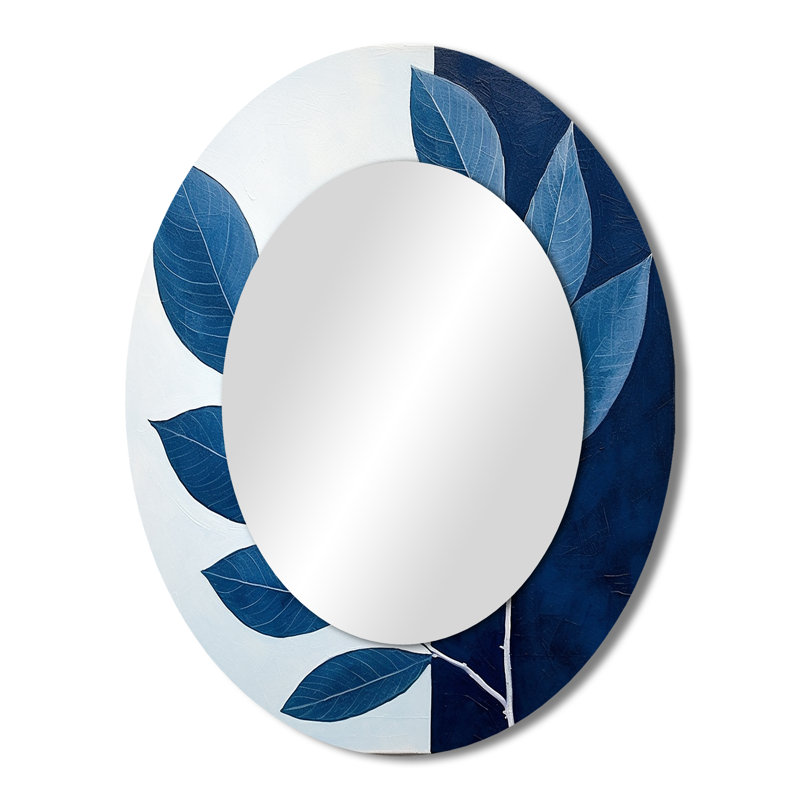 Blue Indigo Leaves Harmony I - Floral Oval Decorative Mirror On Metal, 43" x 33"