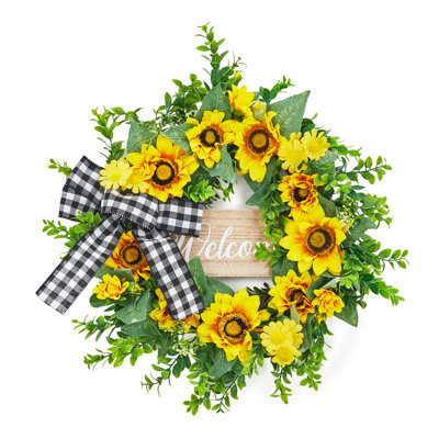 20" Spring Summer Wreaths with Yellow Blooms and Bow, Welcome Sign Wreath