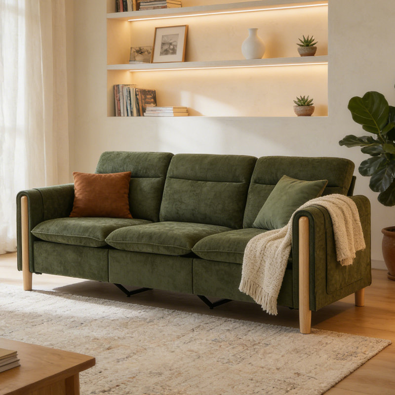 Chenille Sofa,3 Seater Couch,Mid Century Modern Couches with Solid Wood Legs for Living Room, Emerald Chenille