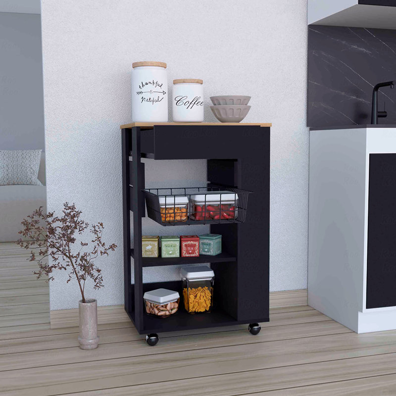 Kitchen Cart, One Drawer, Two Open Shelves, Four Casters, Black
