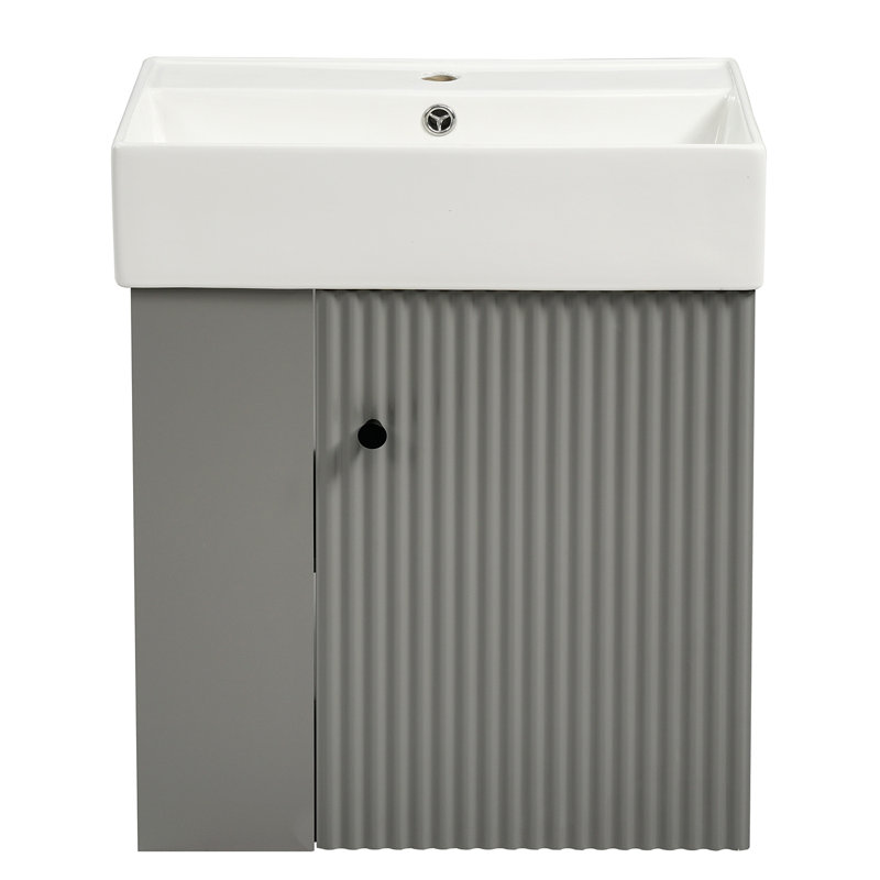 [Vidéo] Meuble-lavabo flottant moderne de 21,6 po avec lavabo en céramique - parfait pour les petites salles de bain, rangement à gauche