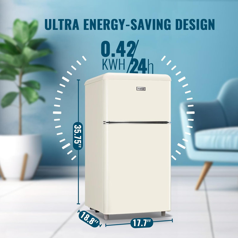 Compact Cream Freestanding Mini Fridge with Glass Shelves