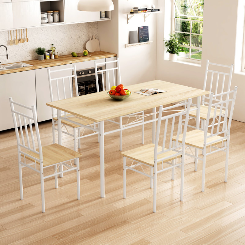 Ensemble de table de salle à manger 7 pièces, table de cuisine rectangulaire en bois rétro et 6 chaises à haut dossier 