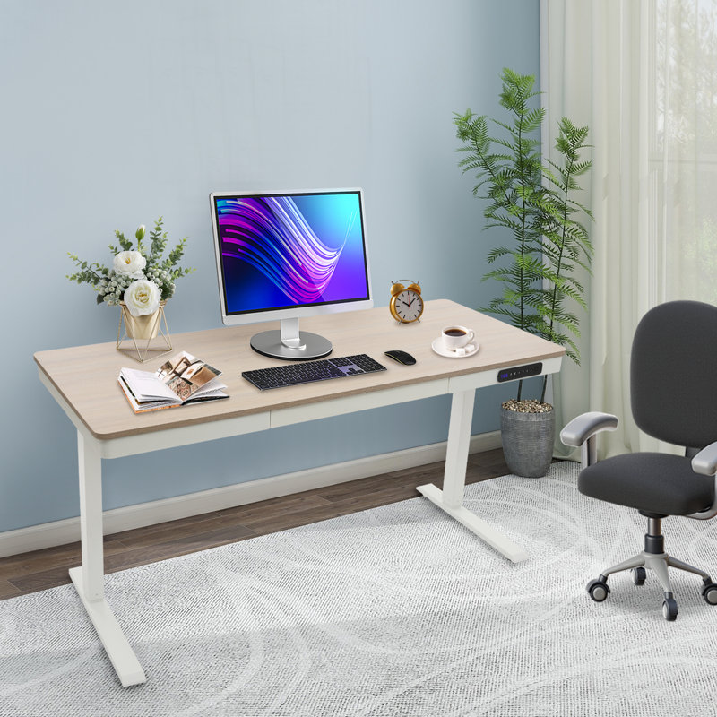 Electric Standing Desk with USB Charging & Storage Drawer – 220lb Capacity, Adjustable 28-44” Height, Light Wood/White