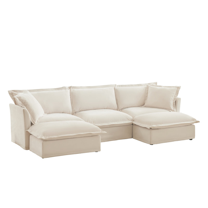 Slipcovered U Shape Sectional Wide and Deep Seat Sofa Couch, 4 Seater Sofa with French Edges Design Multiple Big Pillows, Soft Deep Seat Comfy Cloud Couch for Living Room, Apartment