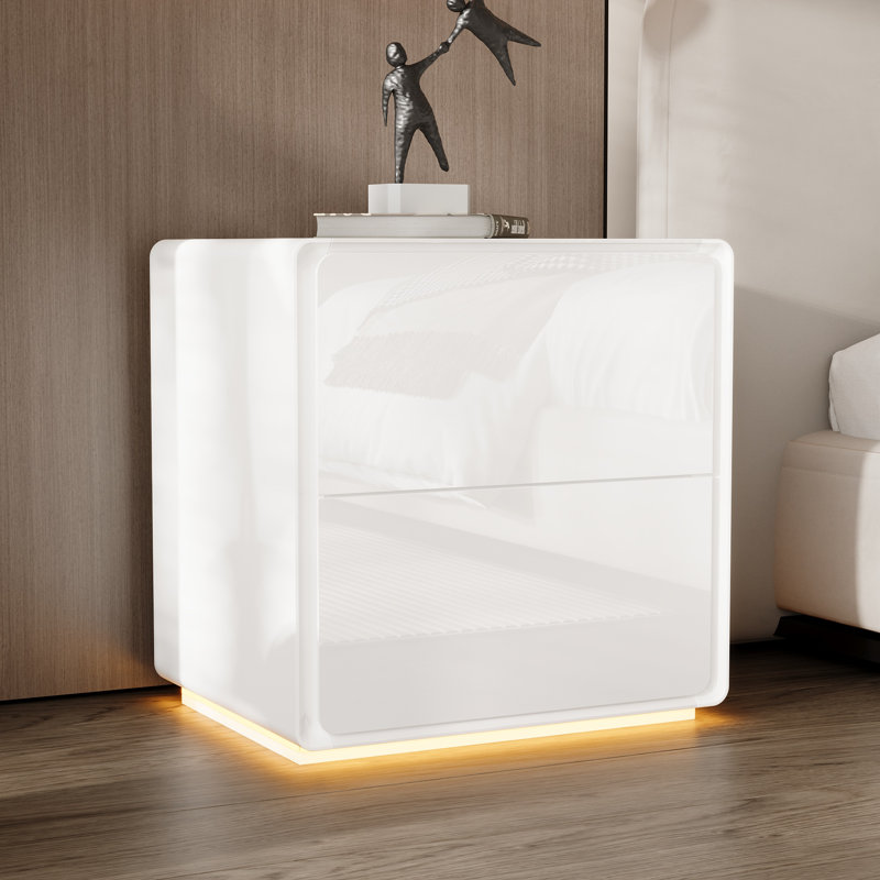 Table de chevet blanche, H 20 po - Finition ultrabrillante, Base de lumière DEL intégrée