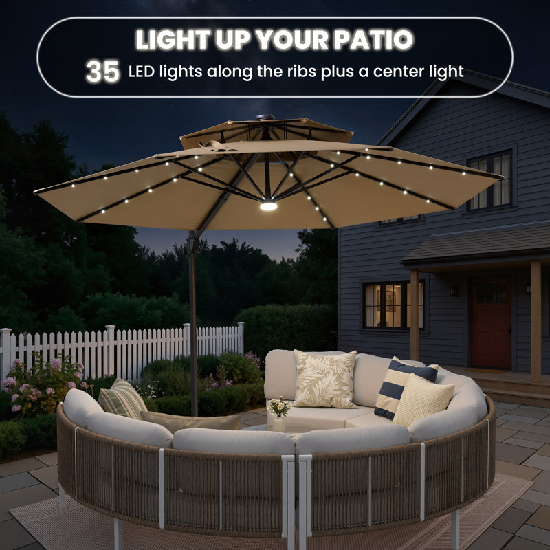 Parasol de patio en porte-à-faux 11 pi avec lumières Wasif, Tan