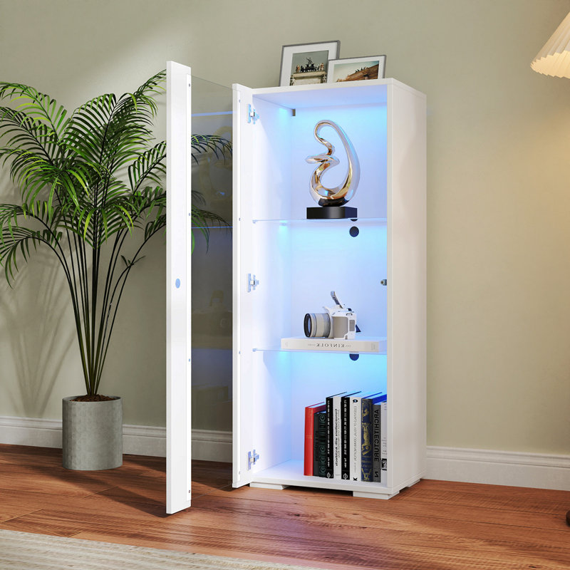 Storage Cabinets With Aluminum Strip Lamp,With Glass Shelves, For Living Room/Bedroom/Office