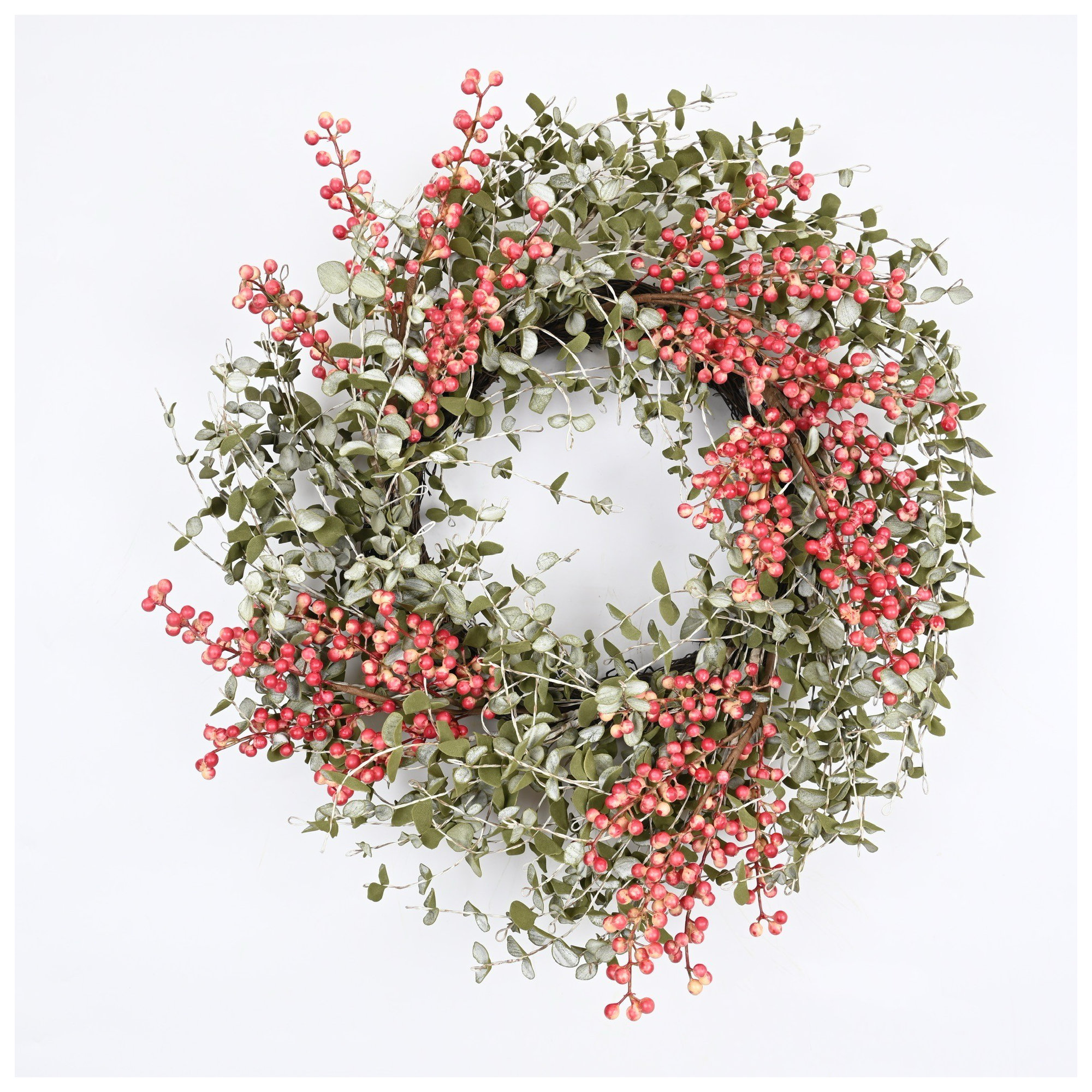 24" Artificial Farmhouse Mini Eucalyptus Blossoms Cluster Berry Spring Fall Wreath For Front Door, Green/Red