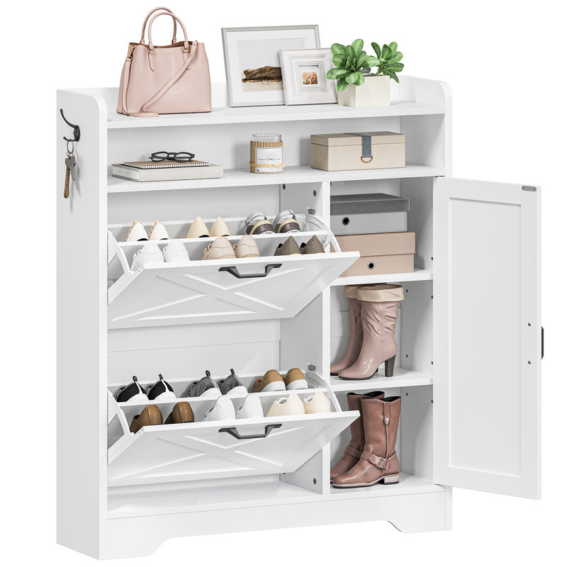 Narrow Shoe Storage Cabinet with Adjustable Side Cabinet, White