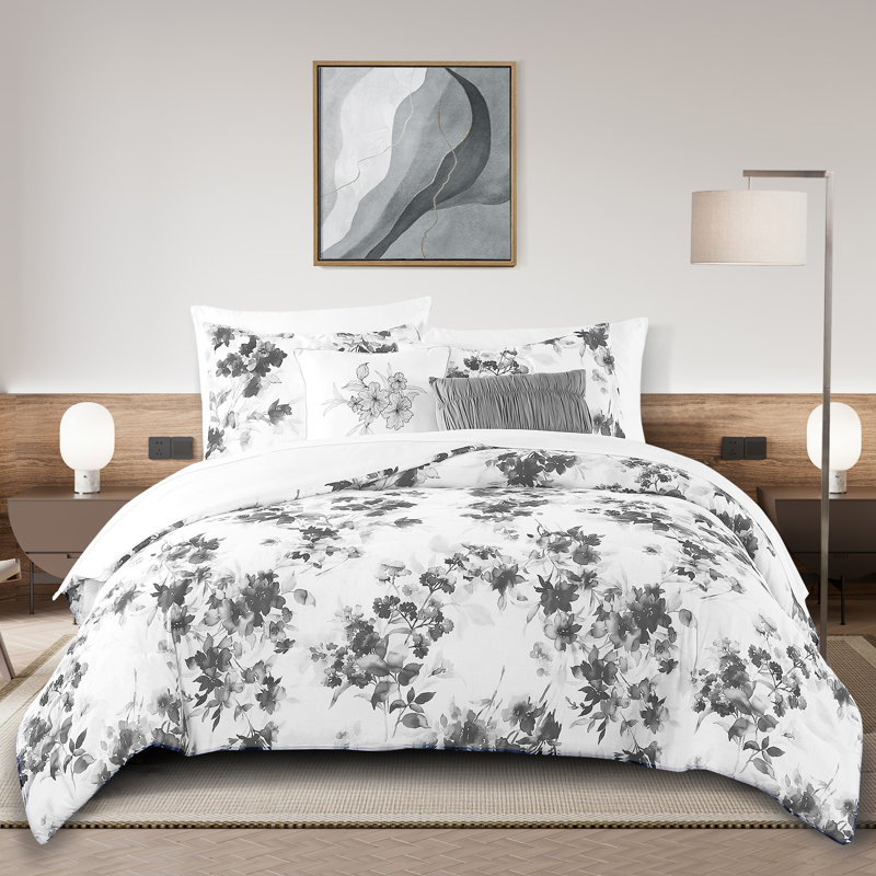 Merveilleux édredon léger floral, ensemble d'édredon 5 pièces pour quatre saisons, Blanc / gris