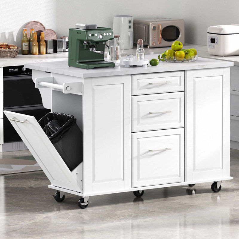 Îlot de cuisine 50,7 po avec 5 roulettes, abattant, 2 tiroirs, armoire de rangement et poubelle coulissante, White