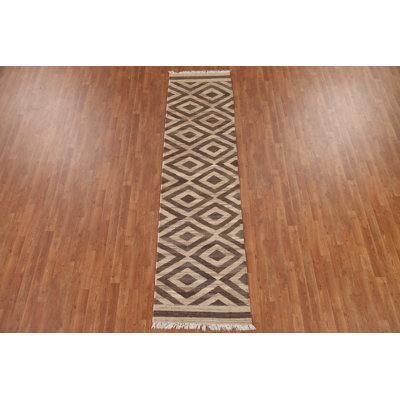 Brown Kilim Geometric Runner Rug 3x10